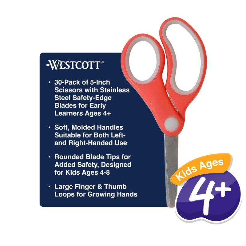 Westcott 55845 Right- and Left-Handed Scissors, Kids' Scissors, Back to School, Classroom Supplies, Ages 4-8, 5-Inch Blunt Tip, 30 Pack Assorted - Image 2
